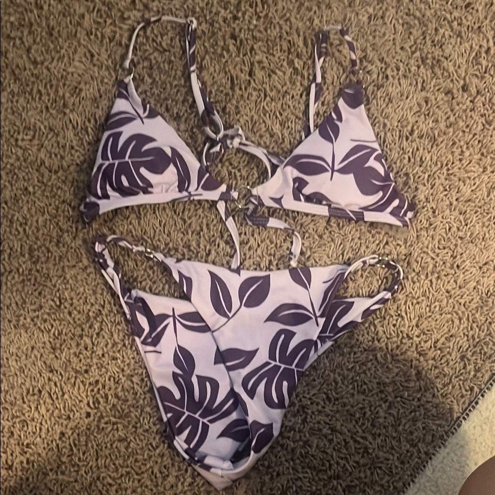 Purple Leaf Print Bikini Set